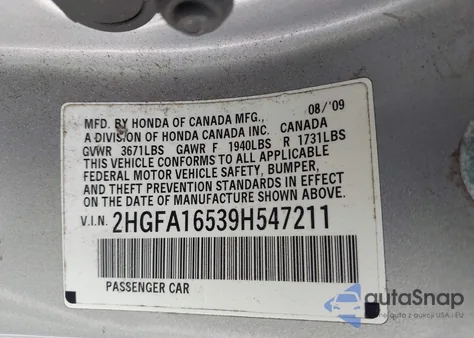 2009 Honda Civic Lx из США, поврежденный, VIN 2HGFA16539H547211